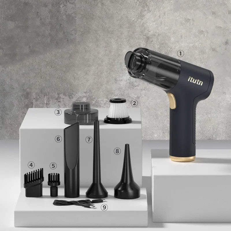 Black wireless handheld car vacuum cleaner with multiple brush and nozzle attachments