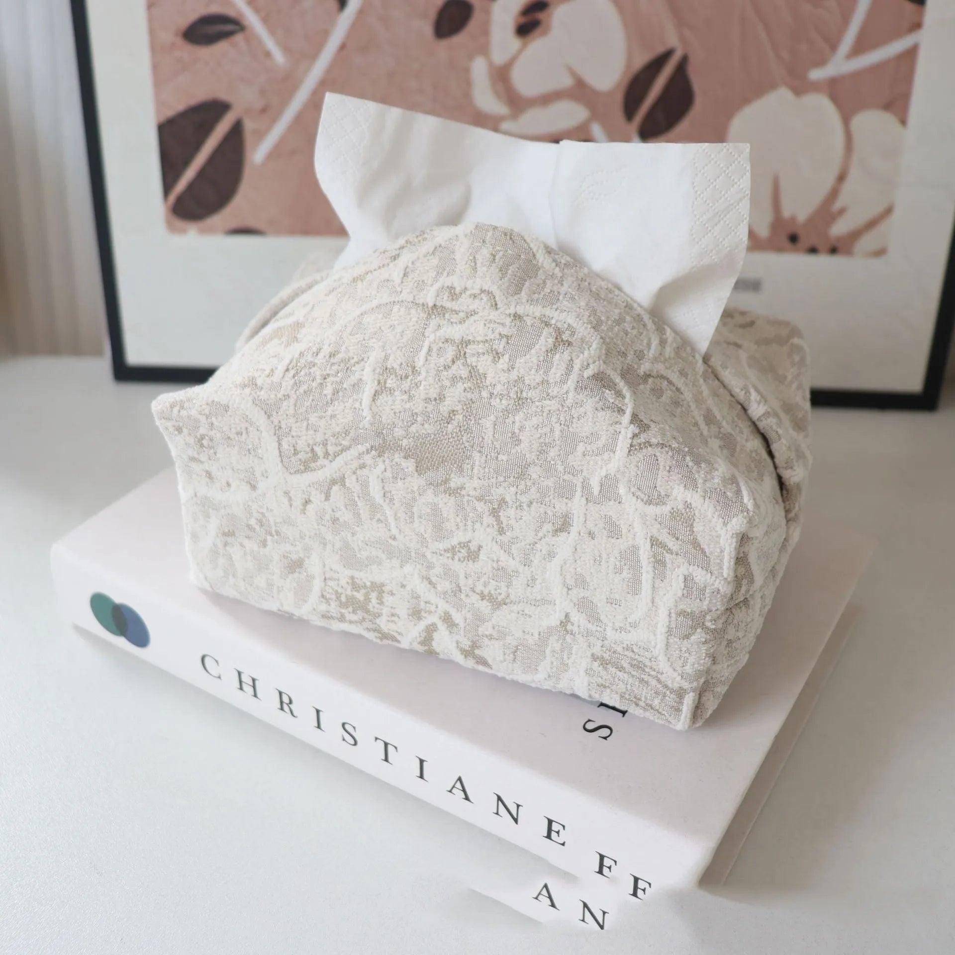 Chinese style pastoral rose fabric tissue box in cotton, 17cm long, shown in beige colour.