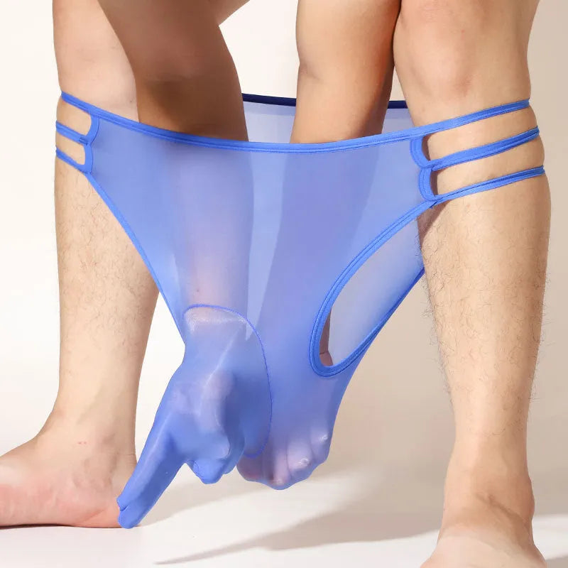 Men's fully transparent elephant nose shorts in a solid colour on a mid waist, showing the nylon fabric and design.