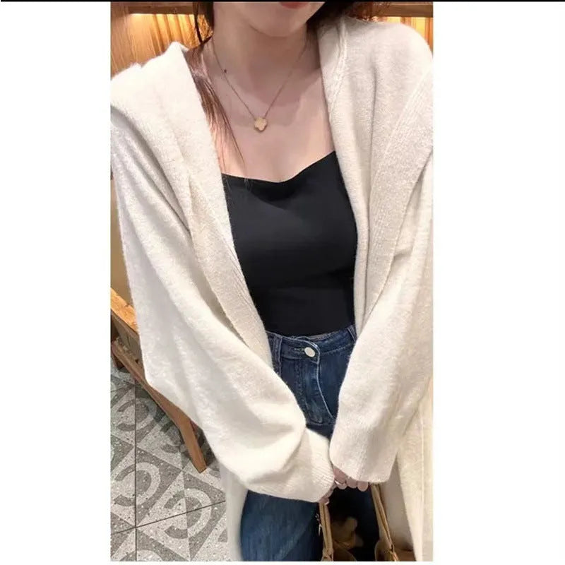 Long grey hooded knitted cardigan for women in casual Korean style