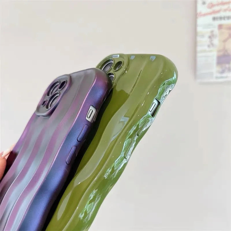 Silicone iPhone 17 case with water ripple pattern in green colour showing front and back views