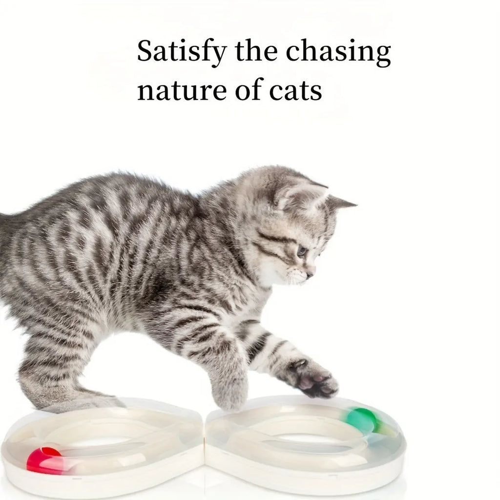 Blue and white cat turntable track toy with self-rotating ball and teasing stick