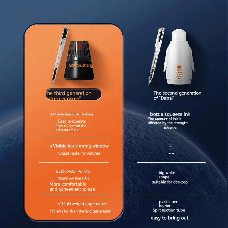 Student automatic suction pen set with plastic shell, 0.38mm and 0.5mm heads, ink feeder, and carrying handbag
