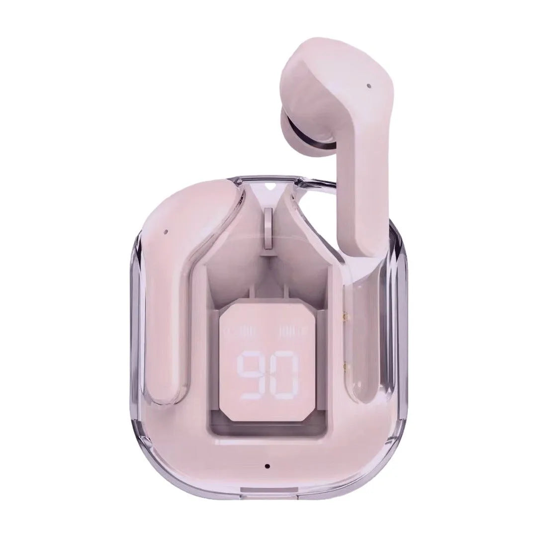 Transparent space capsule case containing true wireless Bluetooth headphones with a digital display screen.