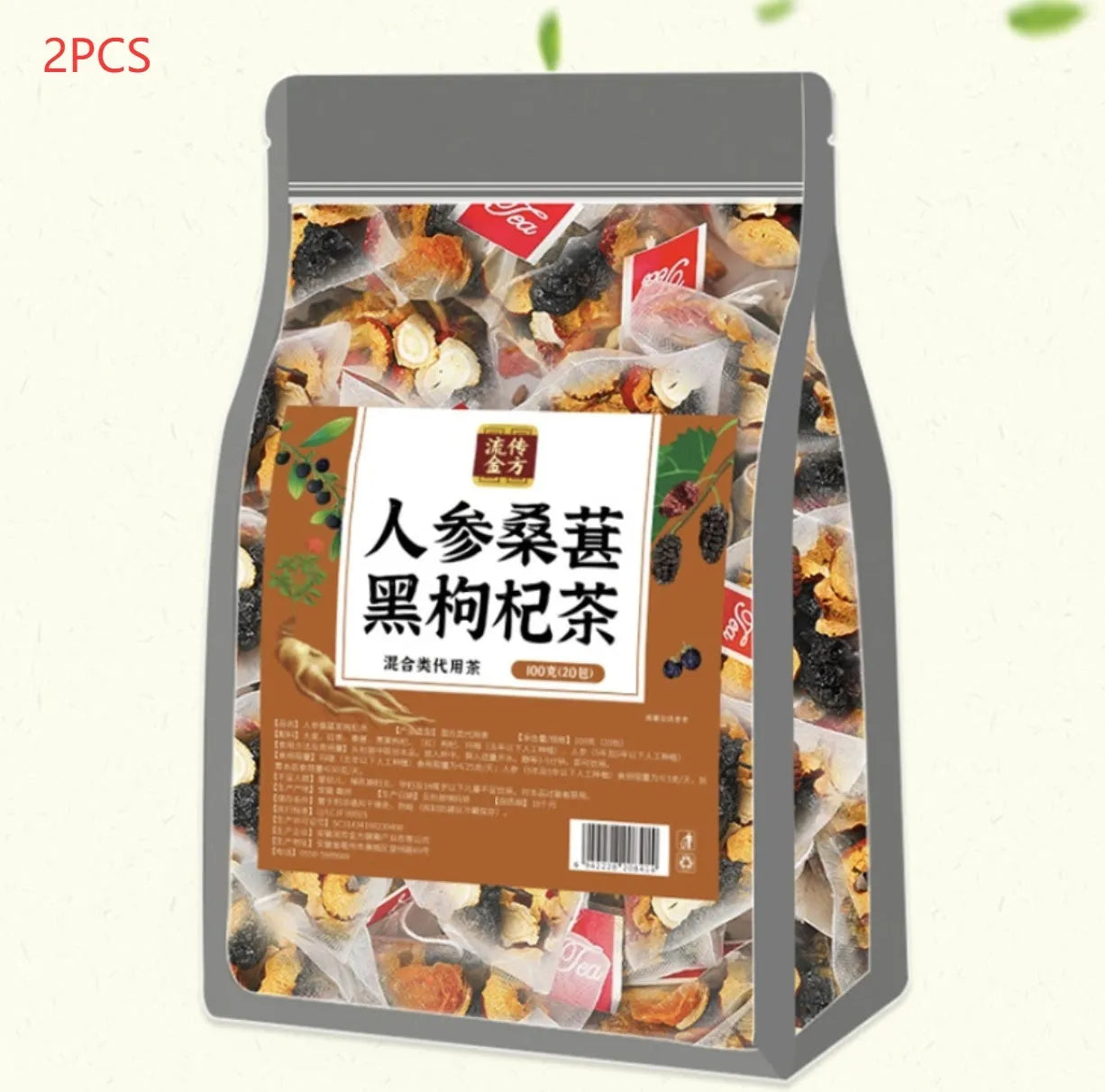Resealable pouch of ginseng black wolfberry tea with 40 individual tea bags visible