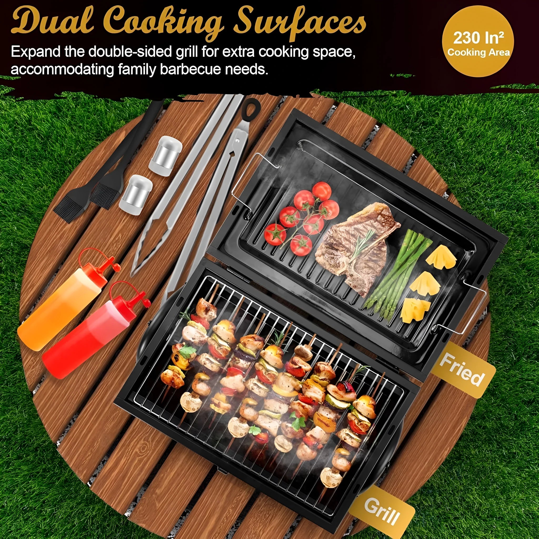 Small foldable desktop charcoal barbecue grill with grill grate, shown in closed and open positions.