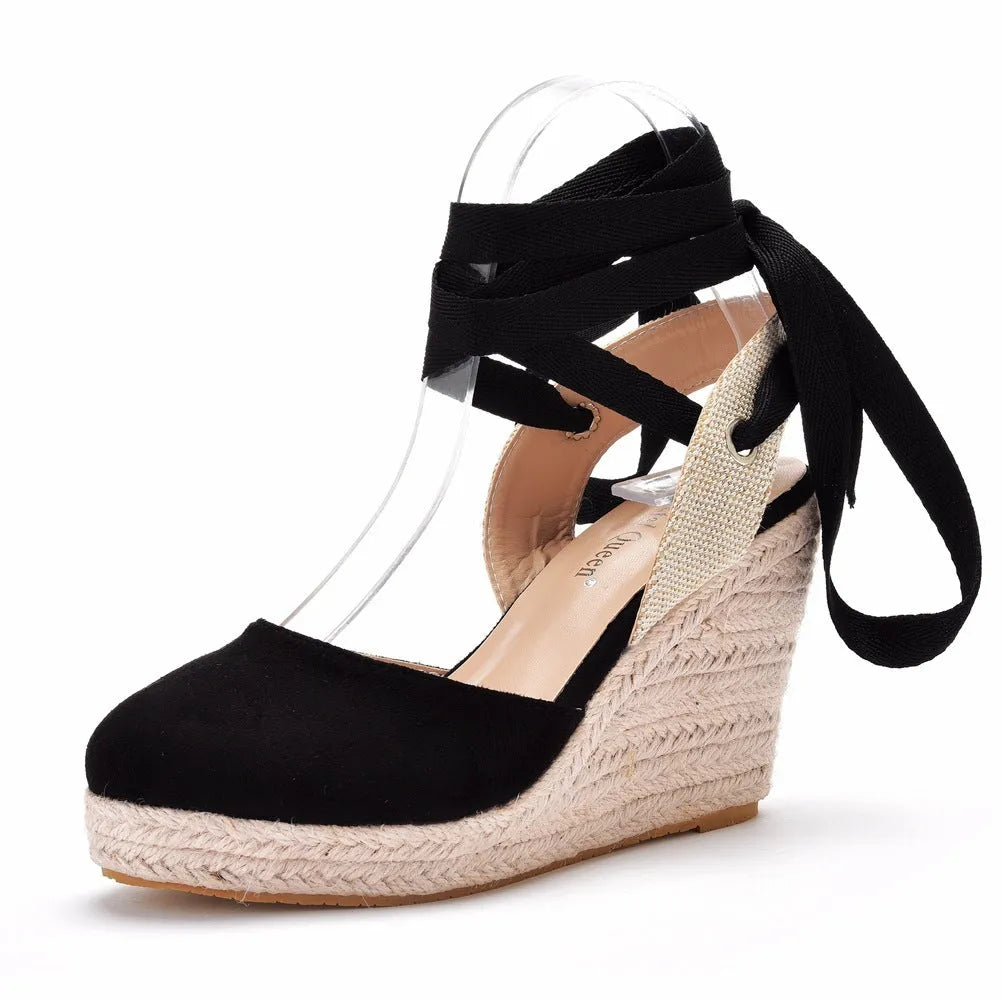 Women's bohemian wedge sandals with round toe platform, buckle closure and bead tassel details