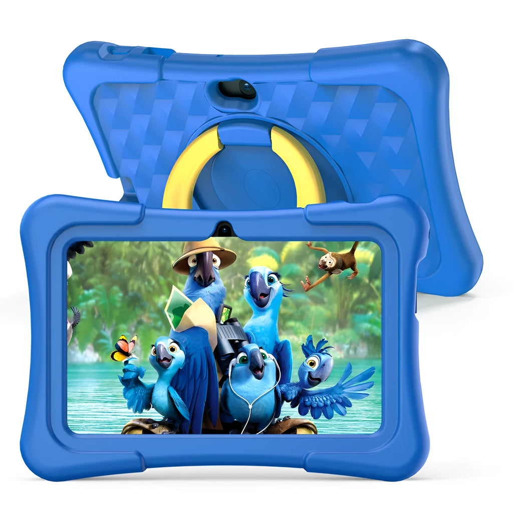 Blue and pink 7-inch children's tablet with silicone cover and rotating handle on a table.