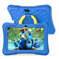 Blue and pink 7-inch children's tablet with silicone cover and rotating handle on a table.