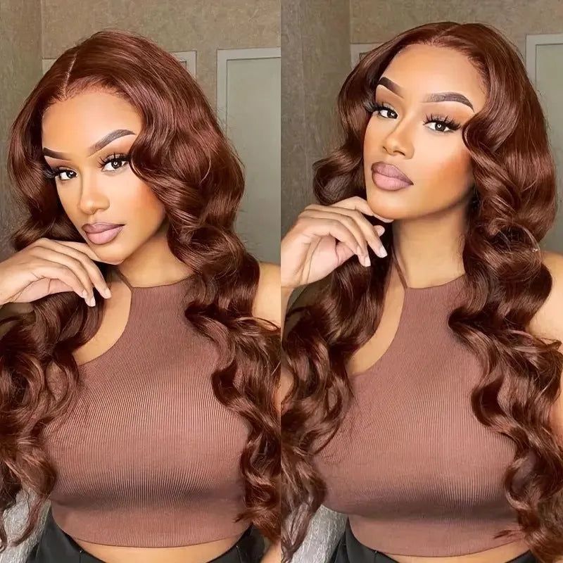 Dark brown long curly front lace wig with side bangs displayed at various lengths