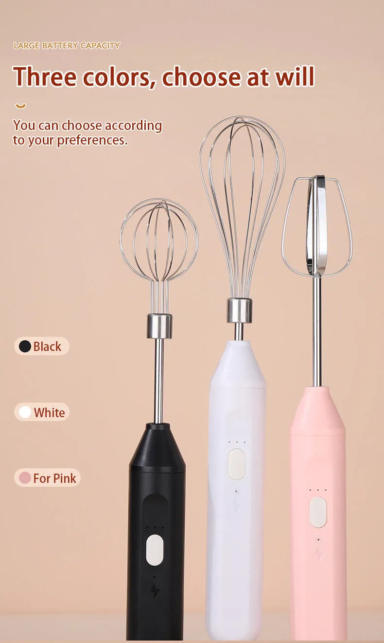 Hand-held wireless electric whisk in black and pink, with straight handle and stainless steel whisk attachment