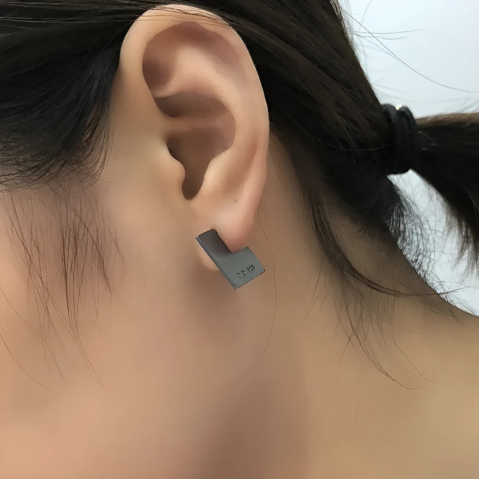 Single oxidised black sterling silver square geometric earring, approximately 16mm, with alloy post.
