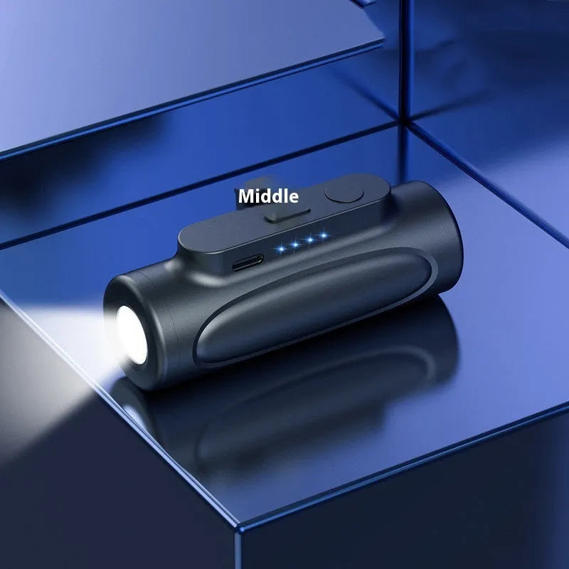 Black and pink portable power bank with integrated LED flashlight, showing Type-C and Apple port options.