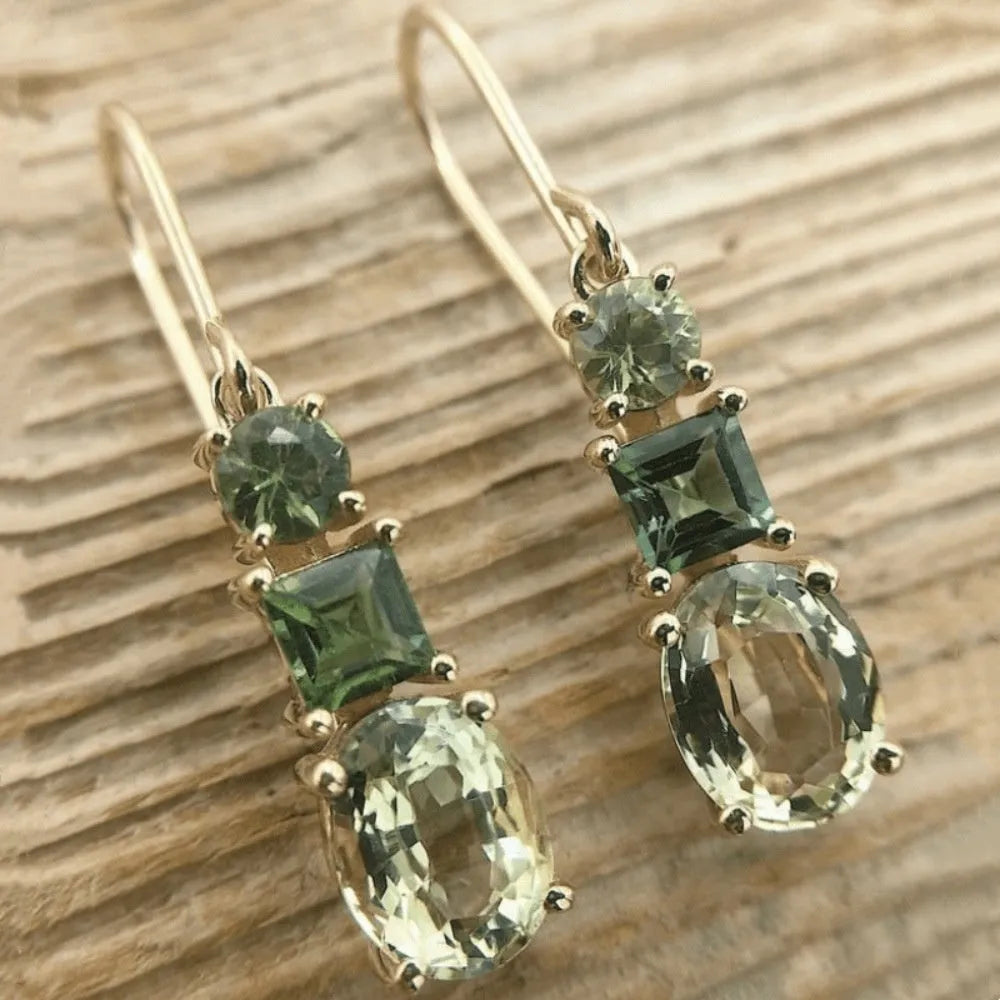 Green geometric copper earrings with quadrilateral shape in retro bohemian style