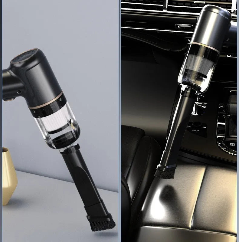Black wireless handheld car vacuum cleaner with multiple brush and nozzle attachments