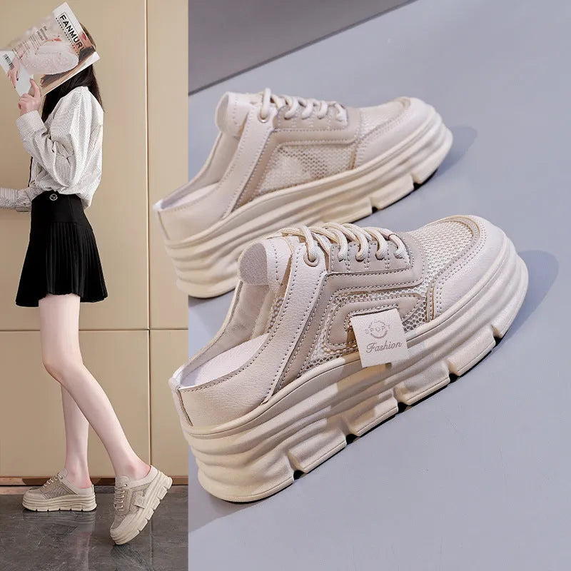 Women's mesh half slippers in black, khaki, or white with round toe and rubber sole