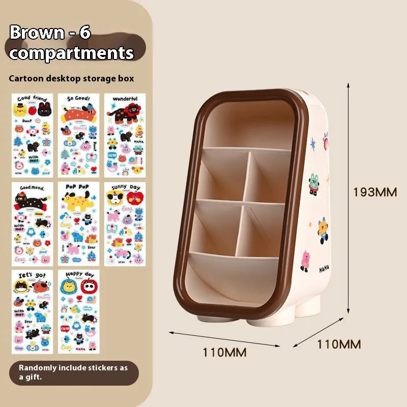 Red and brown cartoon-style plastic desktop storage organiser with grid compartments.