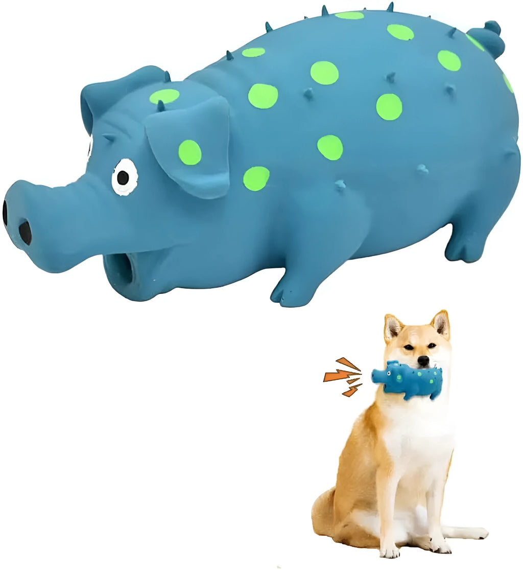 Pig-shaped blue latex dog chew toy with textured surface and squeaker for teeth cleaning