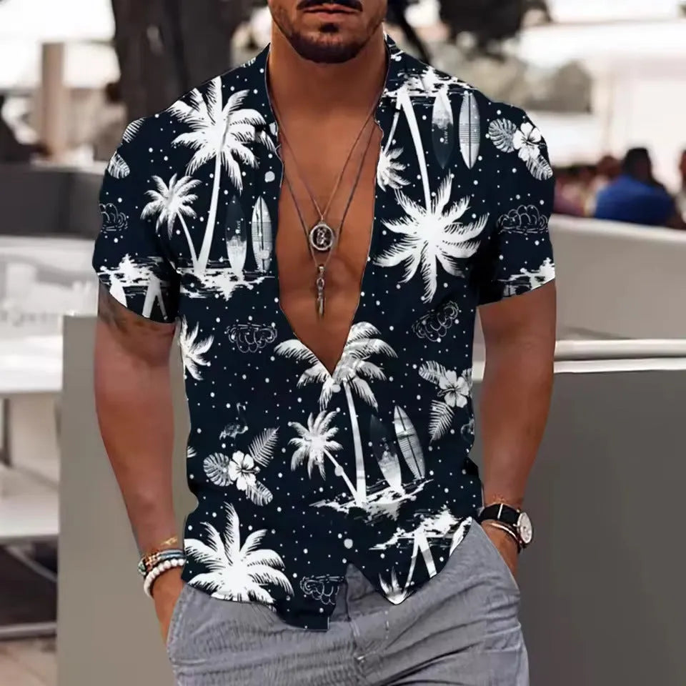 Men's floral printed beach shirt in loose cardigan style with short sleeves
