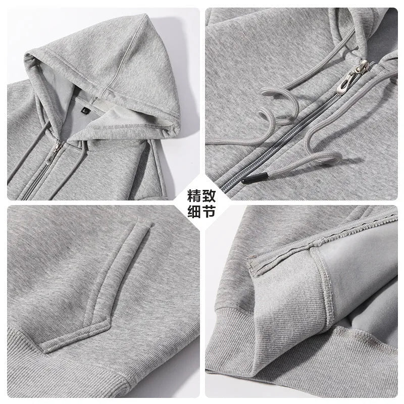 Men's plus size heavyweight zipper hooded sweater cardigan in beige colour showing front zipper and hood