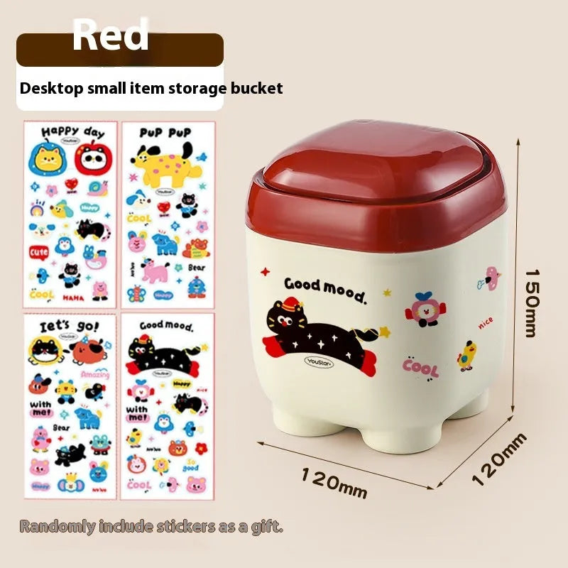 Red and brown cartoon-style plastic desktop storage organiser with grid compartments.