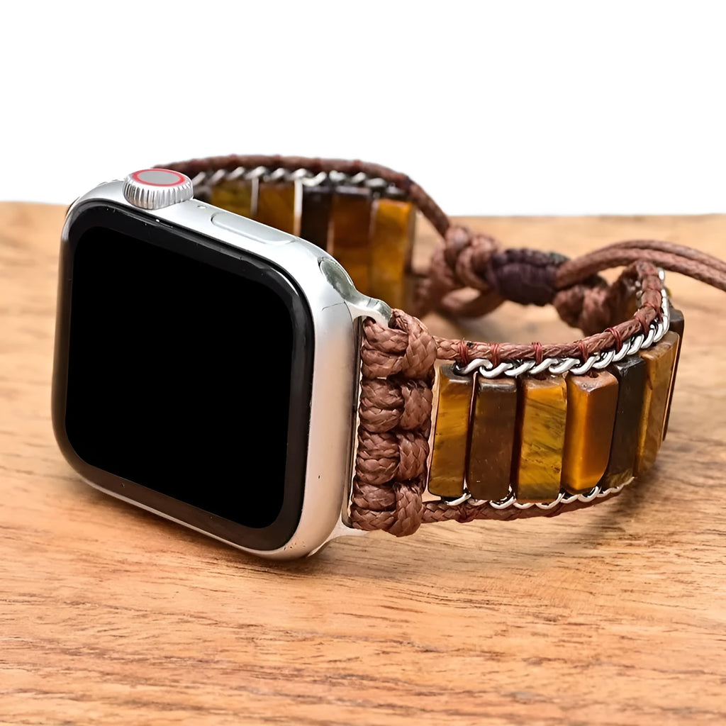 Men's rectangular tiger eye stone pattern textile watch strap with adjustable chain.