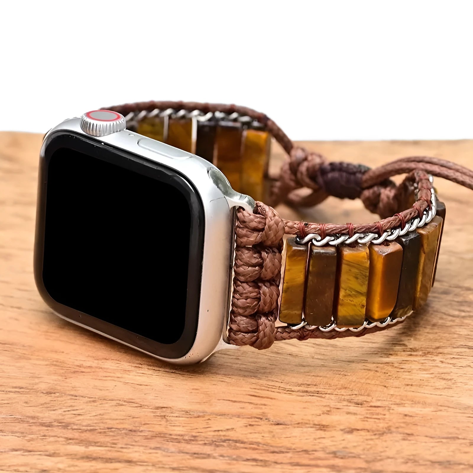 Men's rectangular tiger eye stone pattern textile watch strap with adjustable chain.