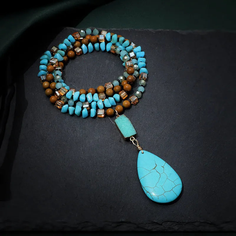 Blue turquoise water drop pendant necklace with mixed gem inlay on a long ball bead chain