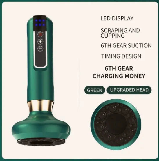 Green electric vacuum cupping massager with USB charger and instruction manual