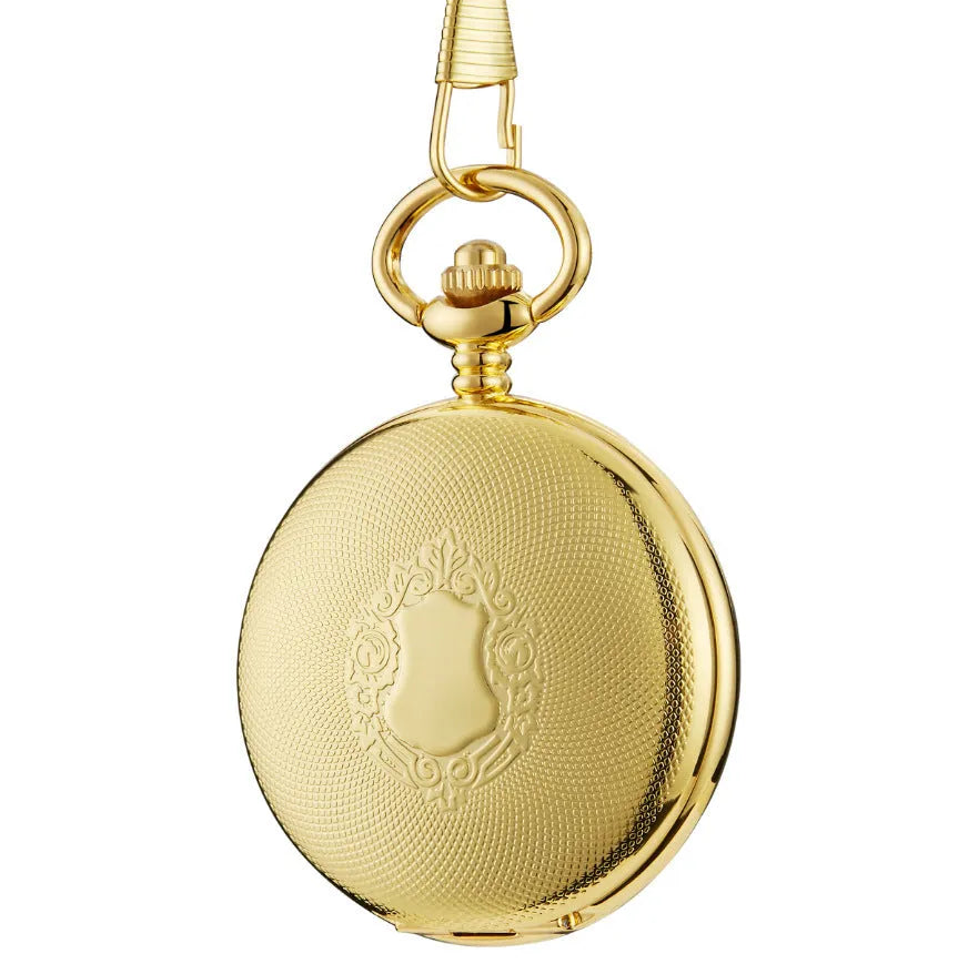 Retro mechanical pocket watch with hollow floral dial and transparent case back in alloy.