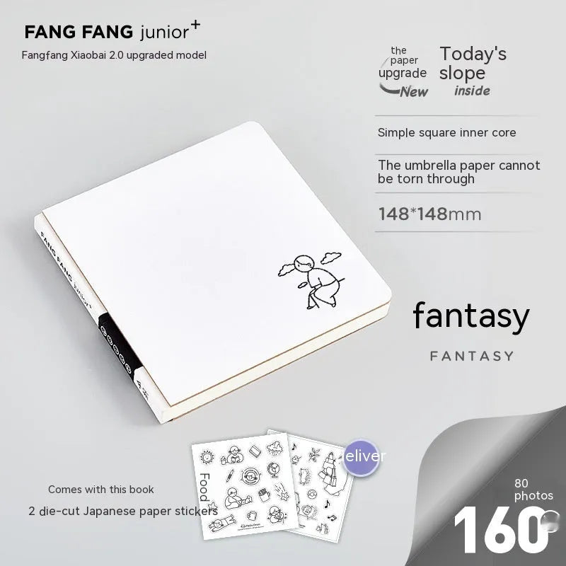 Square white paper notebook with checkered pages, 148mm size, includes stickers