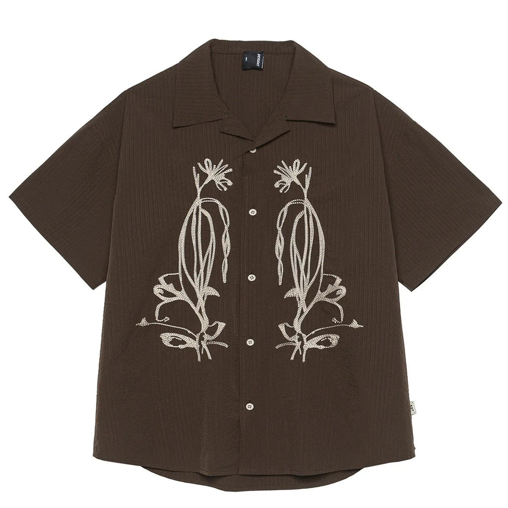 Brown coffee colour striped Cuban collar short sleeve shirt for outdoor waterproof wear