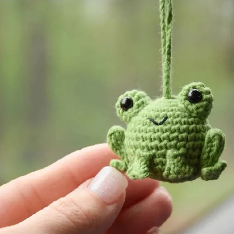 Handmade woven frog car pendant in plush material with green colour option