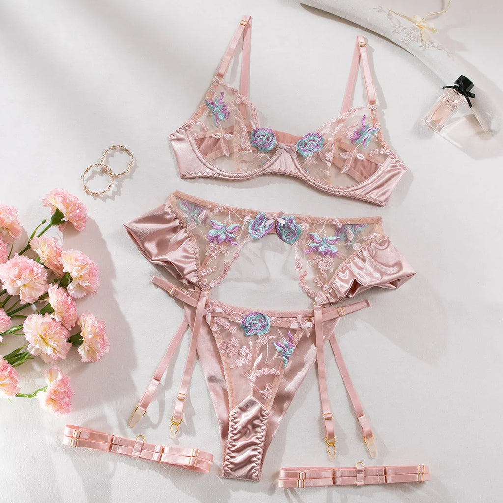 Light purple and champagne satin lingerie four-piece set showing front view