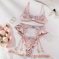 Light purple and champagne satin lingerie four-piece set showing front view