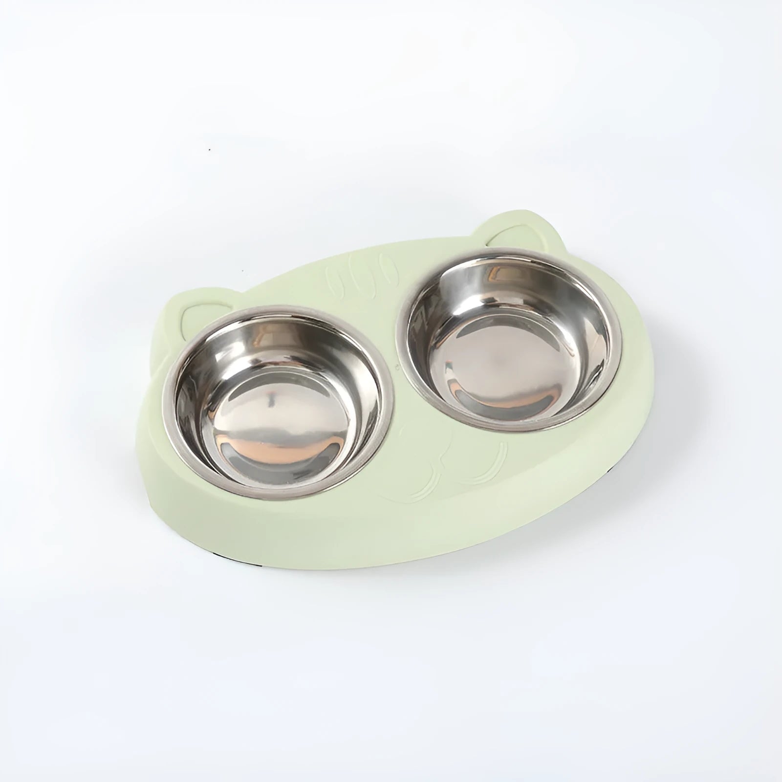 Blue plastic double bowl pet feeder tray with non-slip feet for holding cat or dog food and water dishes.