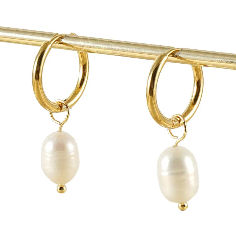 Gold geometric earrings with pearl accents and titanium steel posts for women