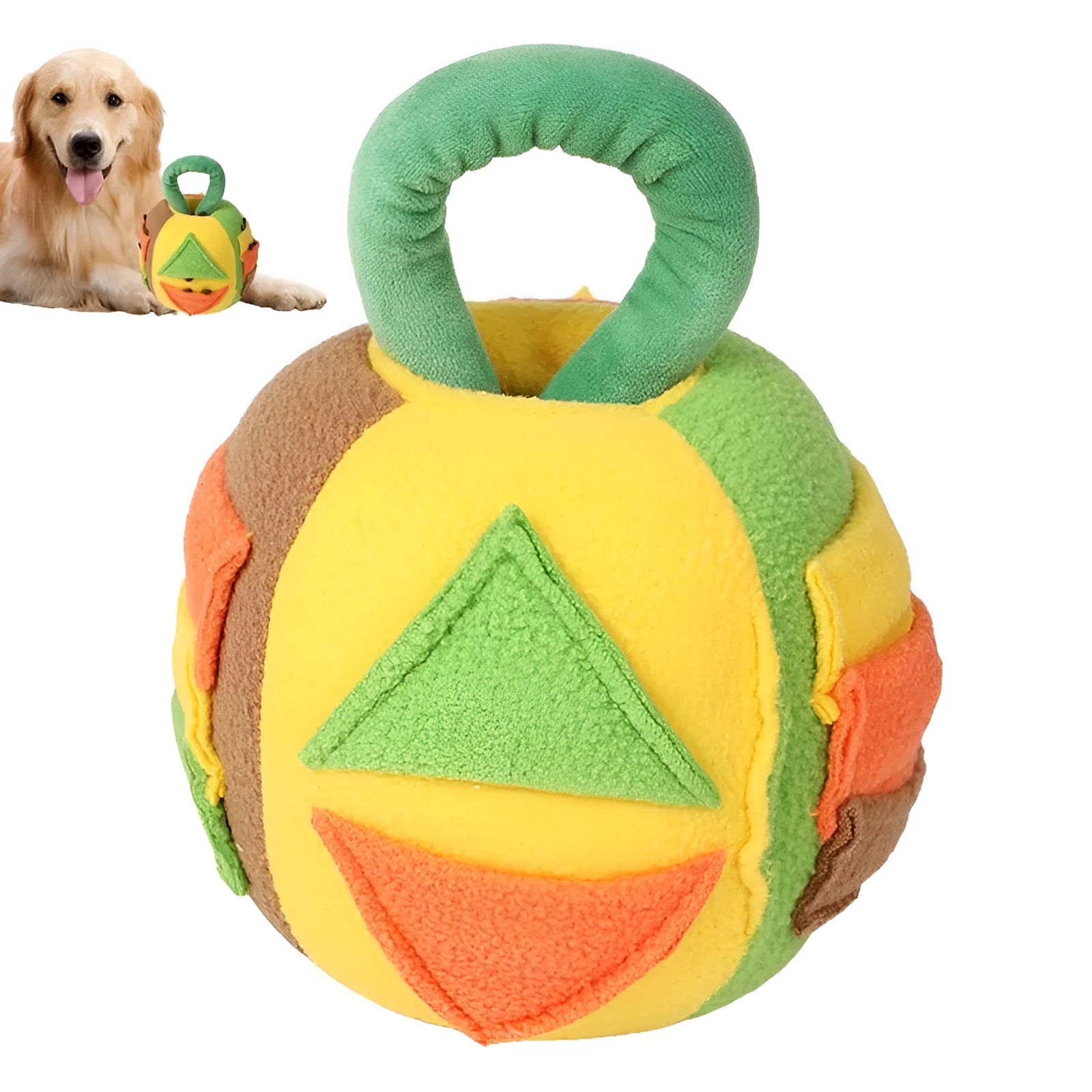 Green polyester squeaky plush ball dog toy with treat pockets for small to medium breeds