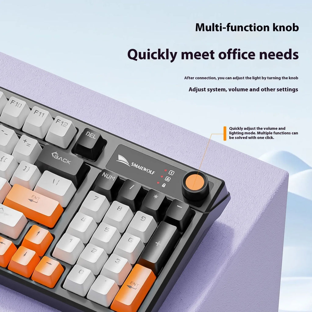 SK15 wired mechanical gaming keyboard with control knob in three colour options: Black, Sunset Orange, and Autumn Water Blue