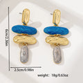A pair of simple geometric stud earrings with a multicolour electroplated finish on a zinc alloy base.