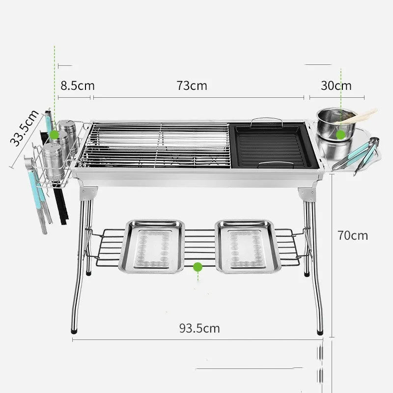 Stainless steel portable folding barbecue oven with 73 cm length for outdoor cooking