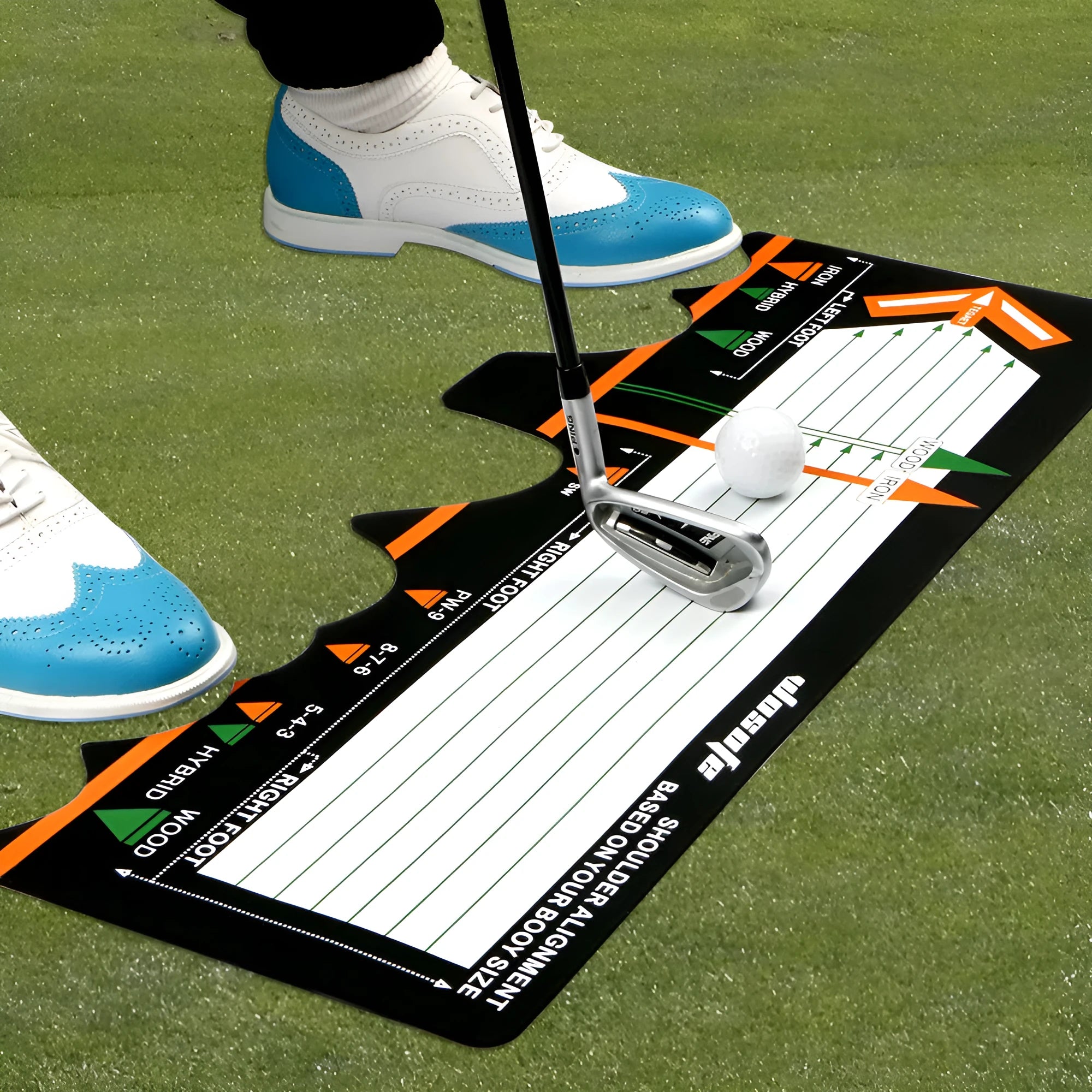 Black neoprene golf swing training mat with white alignment markings for stance correction.