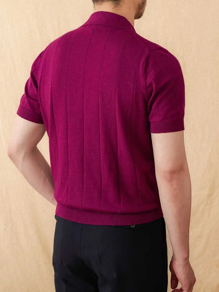Purple cotton and linen knitted short sleeve polo top with sunken stripe pattern and seagull collar