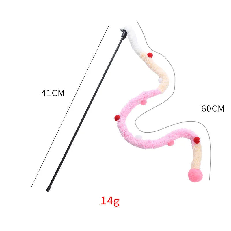 Blue interactive cat wand toy with a long plush strip and a fluffy ball with bells.