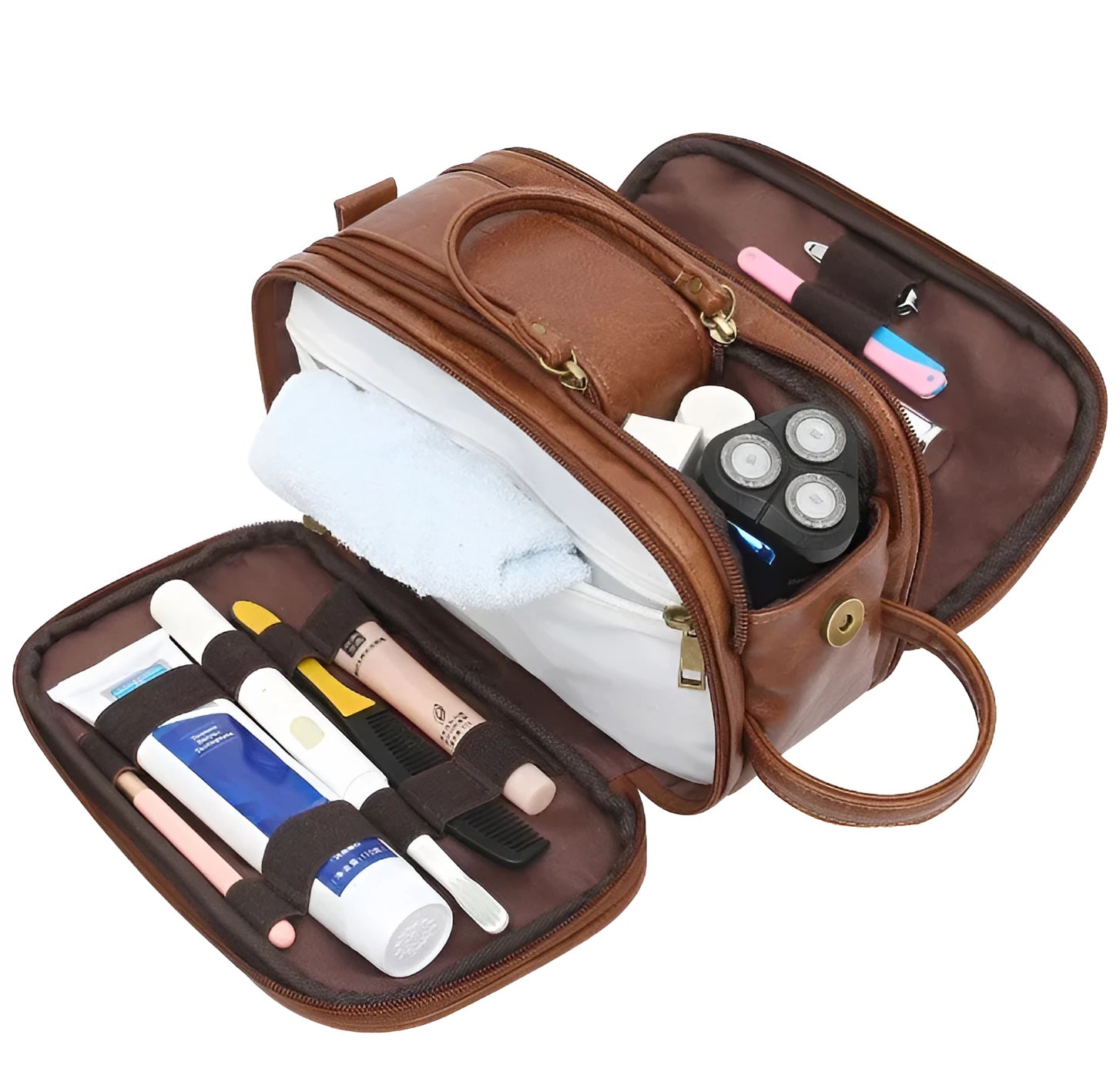 Black and brown solid colour men's PU toiletry bag for travel storage