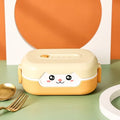 Square plastic lunch box with divided compartments, shown in dark blue, orange yellow, and pink and green colours.