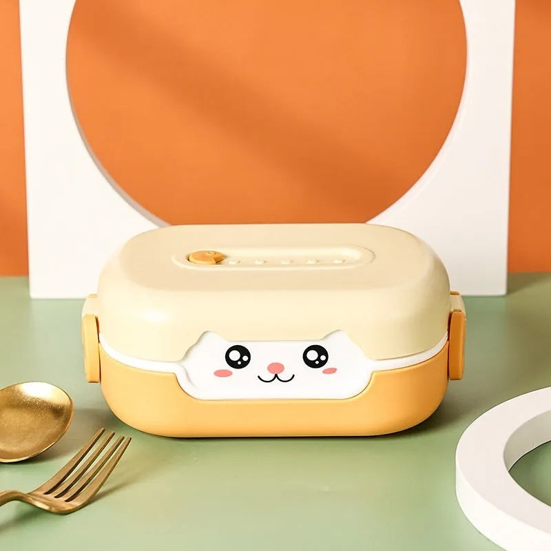 Square plastic lunch box with divided compartments, shown in dark blue, orange yellow, and pink and green colours.