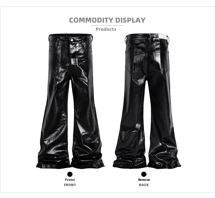 A pair of black skinny jeans with a high-shine patent leather finish and straight leg cut.
