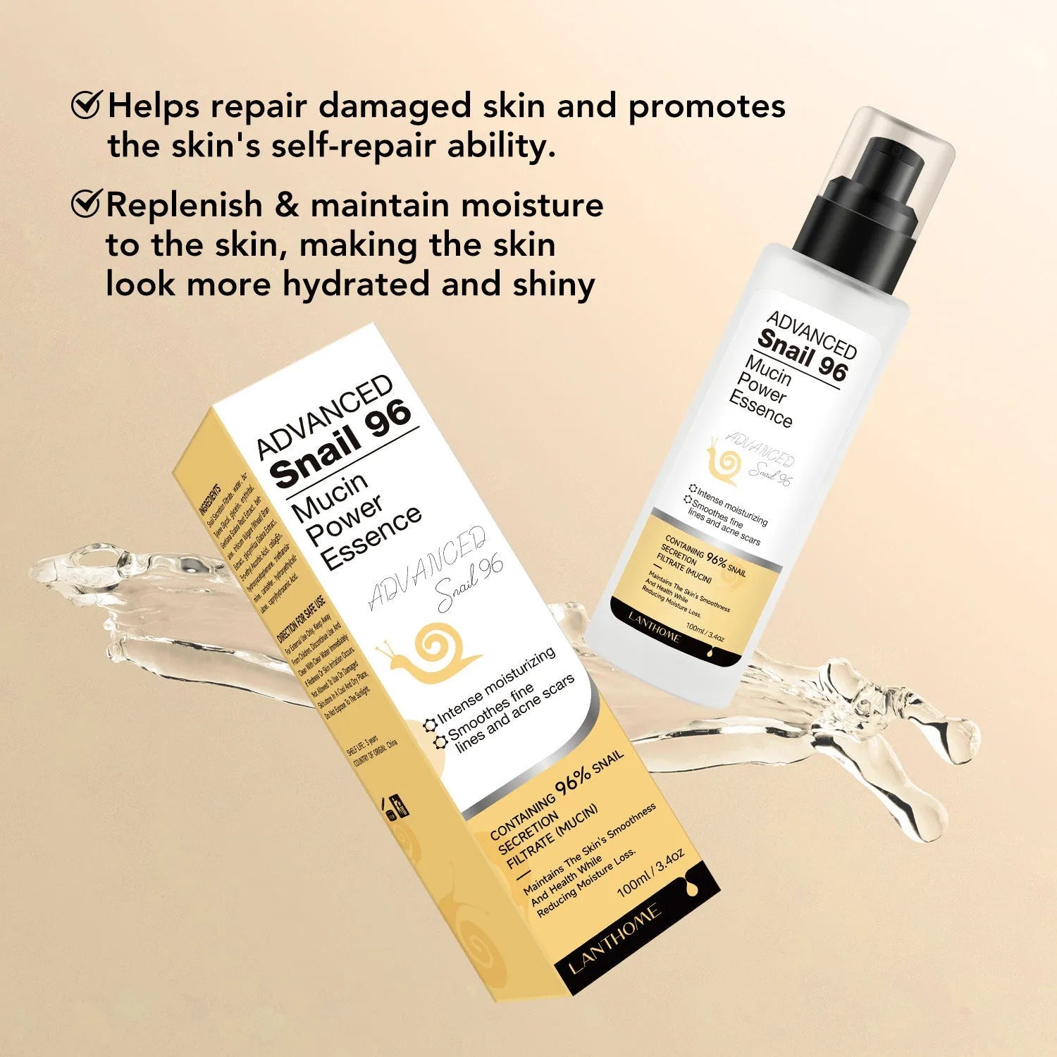 100ml bottle of snail mucin essence facial serum with liquid formulation