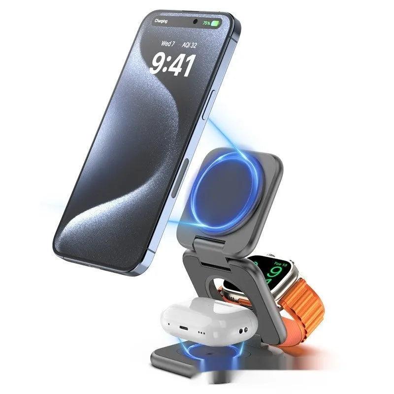 Foldable magnetic wireless phone charger stand in black showing adjustable angles